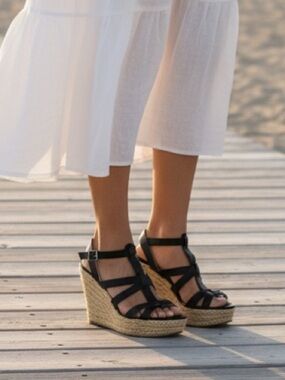 SAKS FIFTH AVENUE (9.5) Black Strappy Espadrille Wedge Sandals Leather Vintage